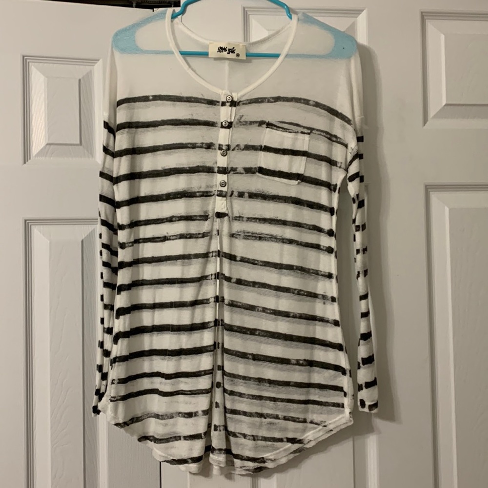 grey and white striped henley long sleeve tee
